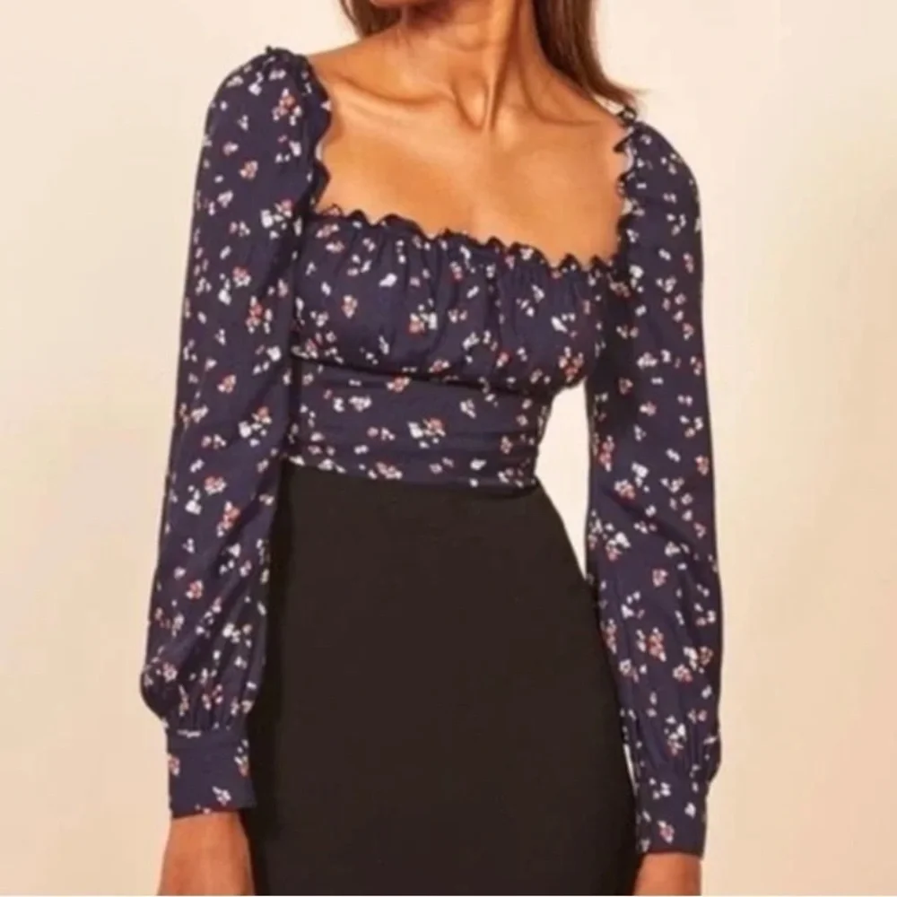 Reformation Navy Blue Floral Square-Neck Puff Sleeve Top